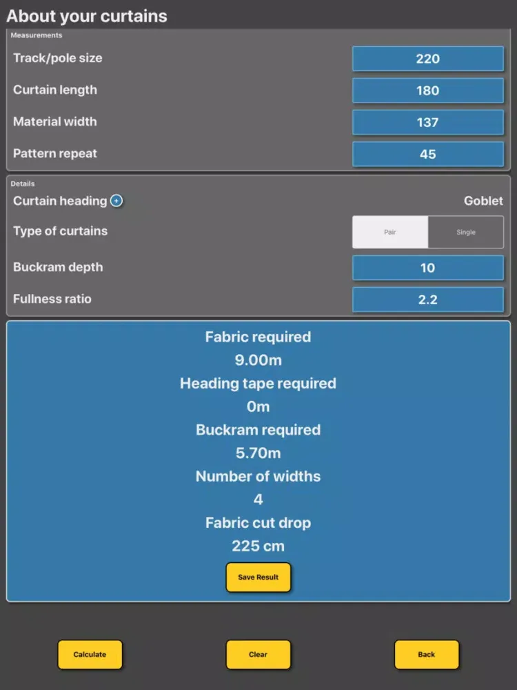 Ảnh chụp màn hình của Curtain / Drapes Calculator iPad 