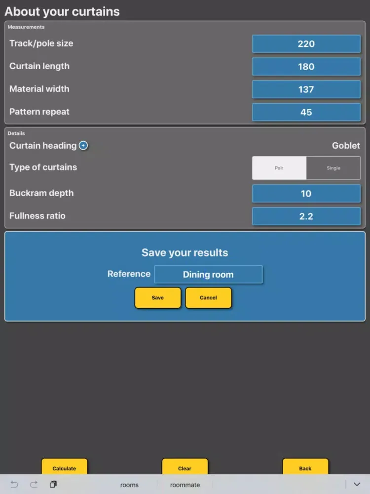 Ảnh chụp màn hình của Curtain / Drapes Calculator iPad 