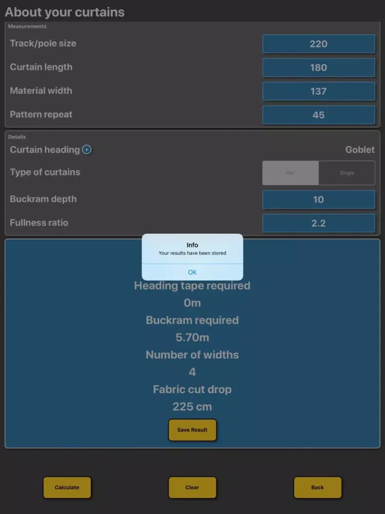 Ảnh chụp màn hình của Curtain / Drapes Calculator iPad 