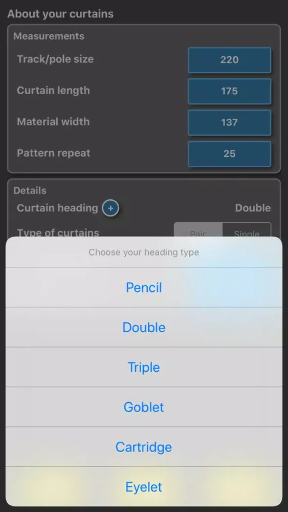 Ảnh chụp màn hình của Curtain / Drapes Calculator