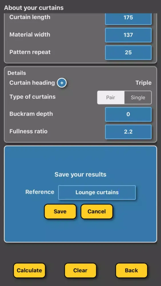 Ảnh chụp màn hình của Curtain / Drapes Calculator