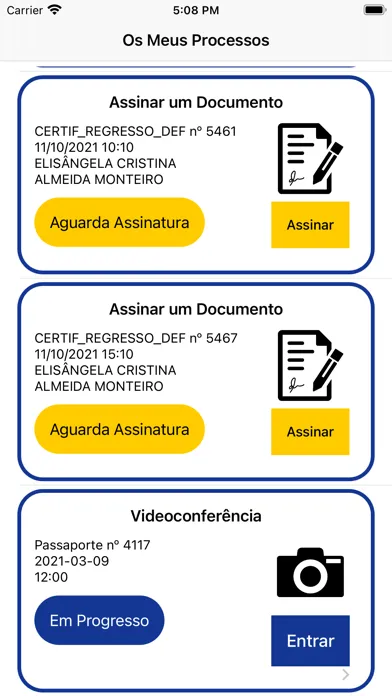 Capturas de tela do Biometrics Portal Consular