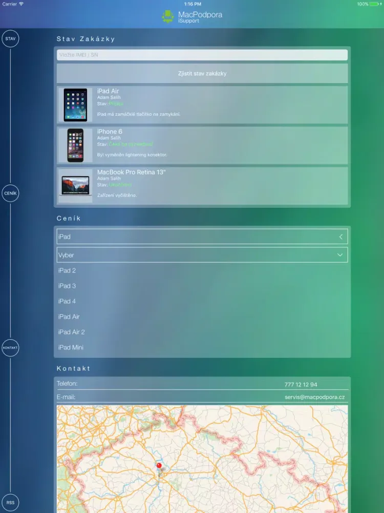 Capturas de tela do MacPodpora zákaznická aplikace iPad 