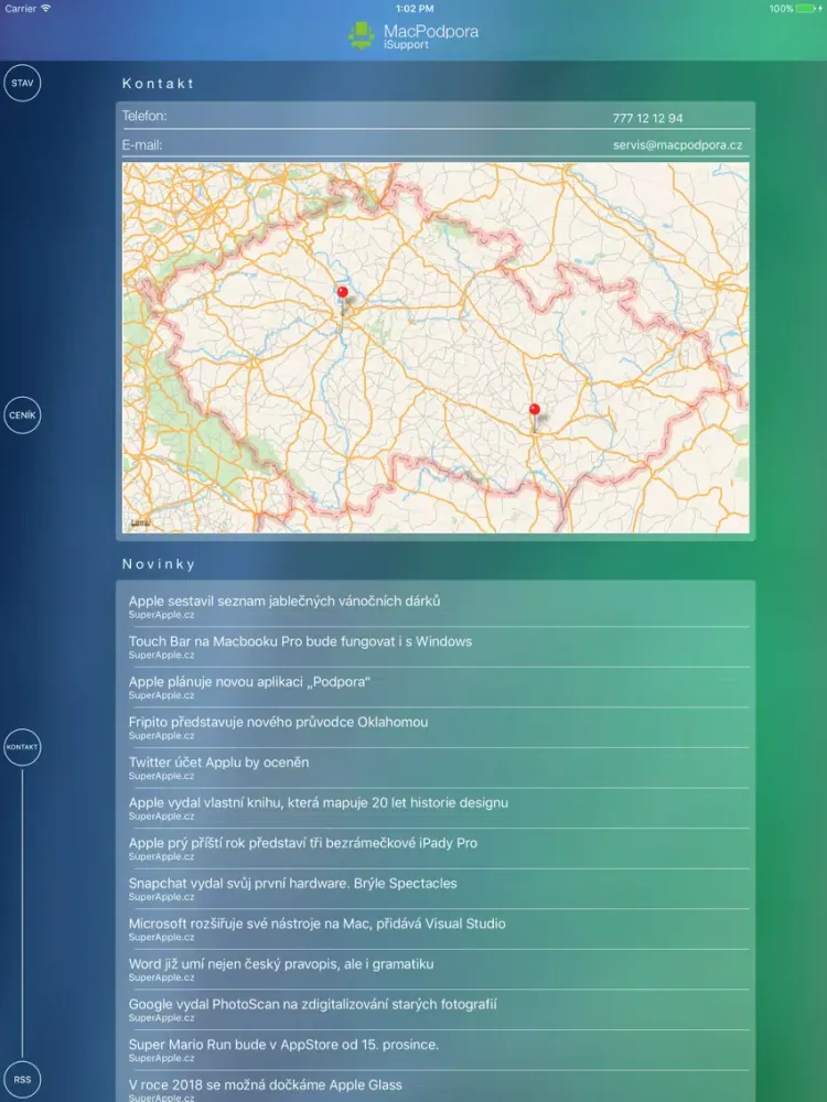 Capturas de tela do MacPodpora zákaznická aplikace iPad 