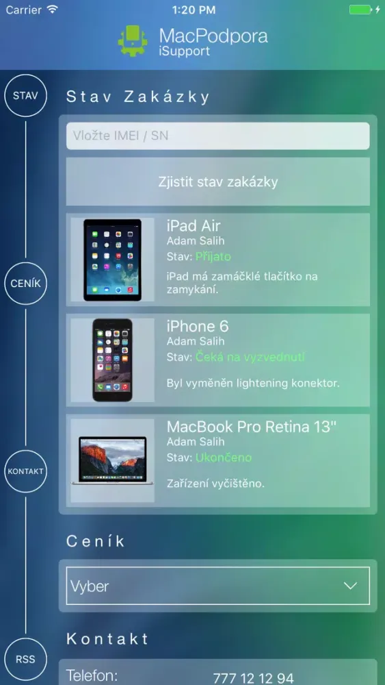 Capturas de tela do MacPodpora zákaznická aplikace
