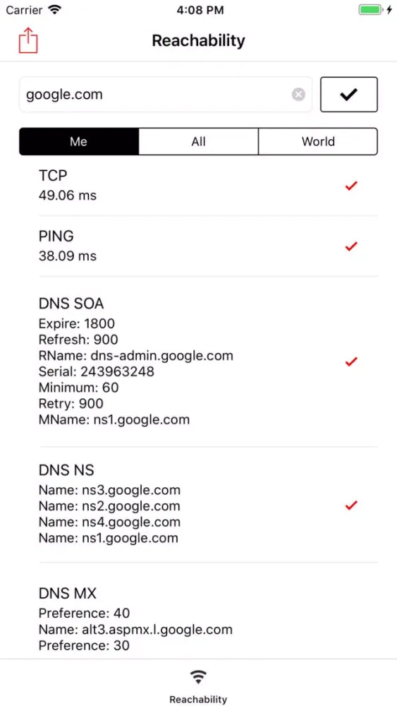 Tangkapan skrin Net Check Tool