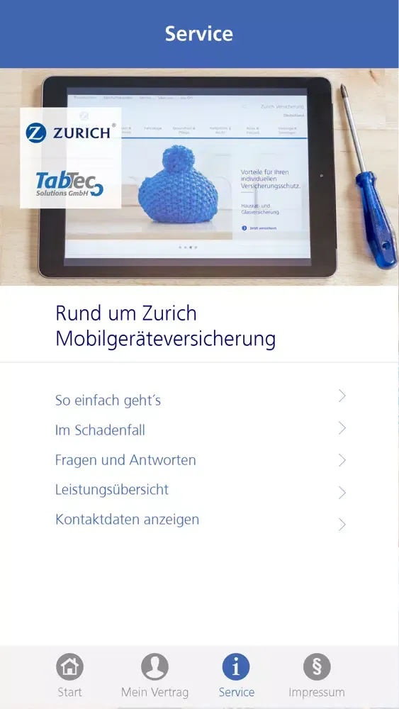 Capturas de tela do Zurich Mobilgeräteversicherung