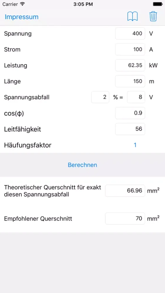 Drehstrom Querschnittsrechner سکرین شاٹس