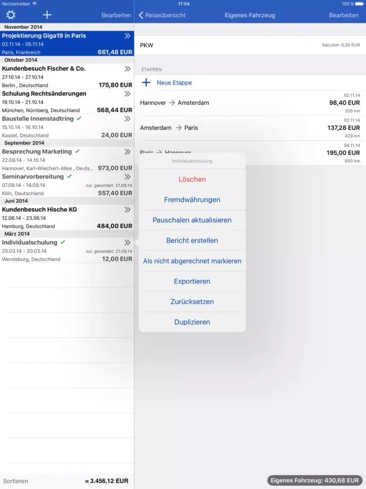 Reisekosten iPad  Screenshots