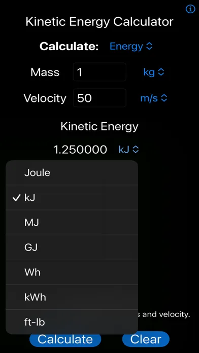 Ảnh chụp màn hình của Kinetic Energy Calculator