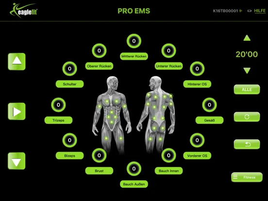 Capturas de tela do eaglefit® EMS SYSTEM iPad 