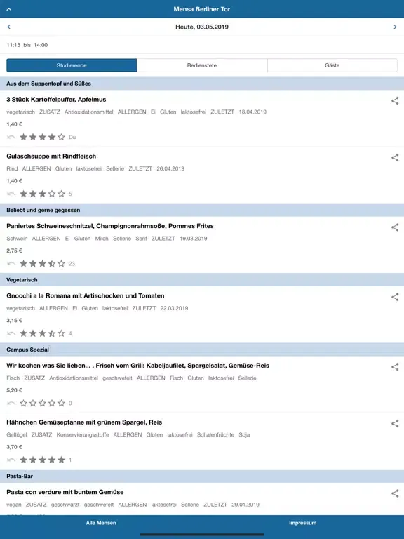 Tangkapan skrin iMensa Mensa Speiseplan iPad 