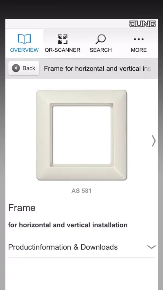 Captures d'écran de JUNG Catalogue App including QR Code Scanner
