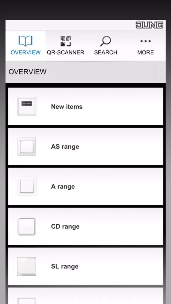 Captures d'écran de JUNG Catalogue App including QR Code Scanner
