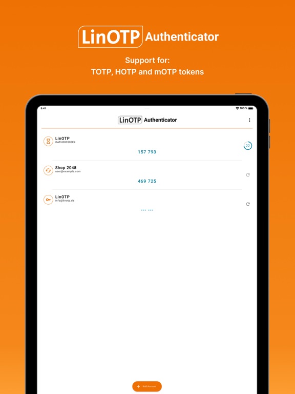 ภาพหน้าจอของ LinOTP Authenticator iPad 