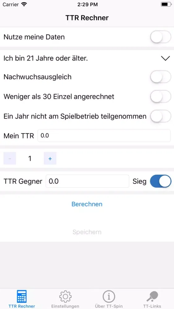 Скриншоты TT-SPIN TTR Rechner