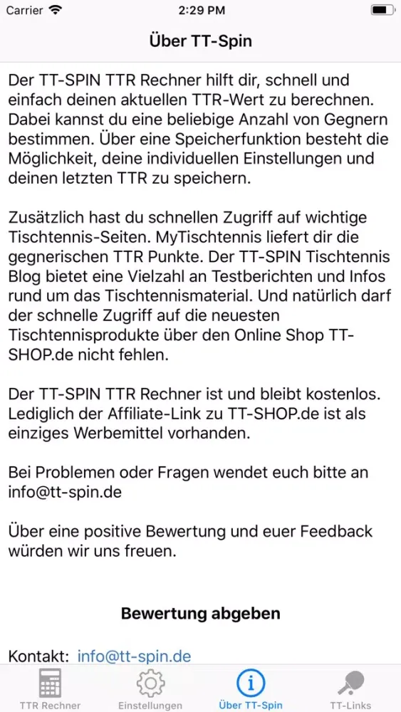 Скриншоты TT-SPIN TTR Rechner