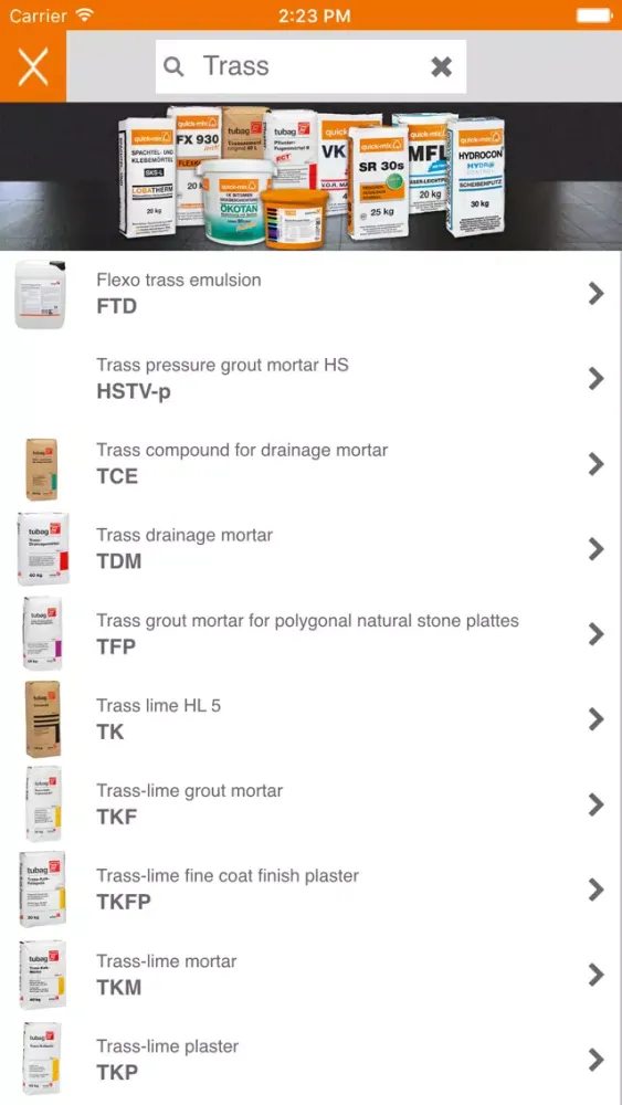 Tangkapan layar quick-mix Product Range