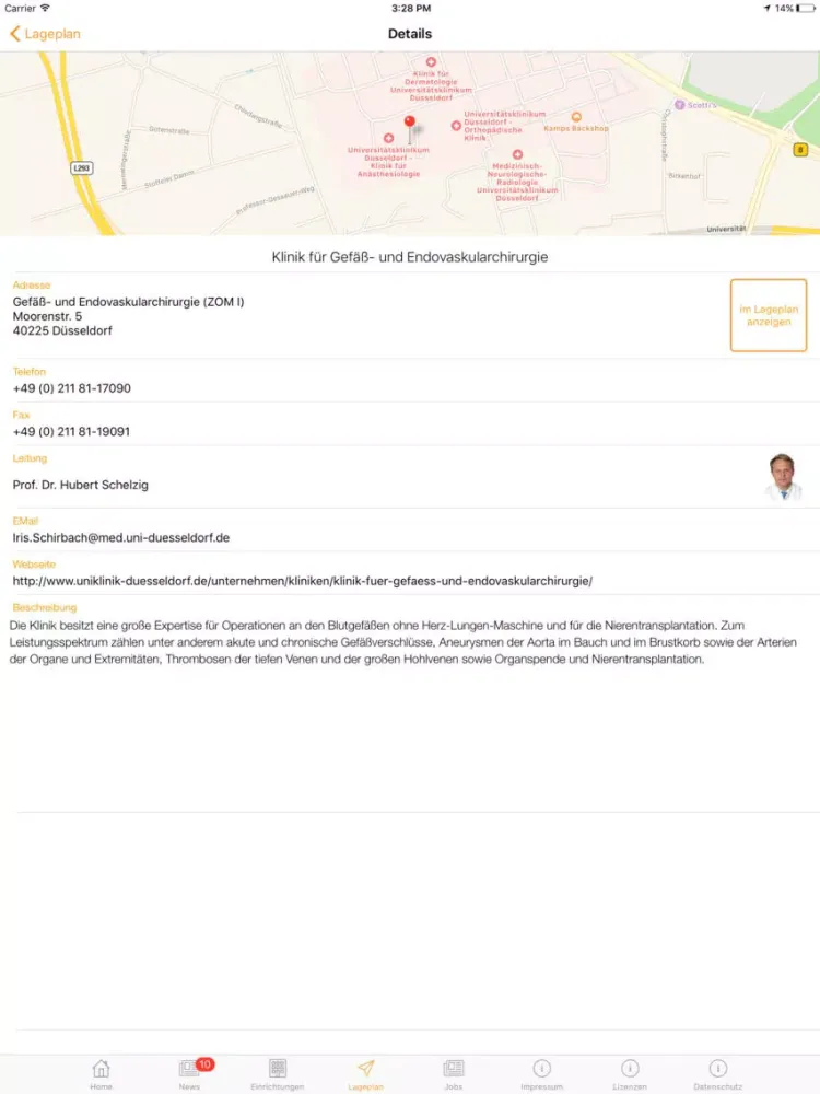Tangkapan skrin Uniklinik Düsseldorf iPad 