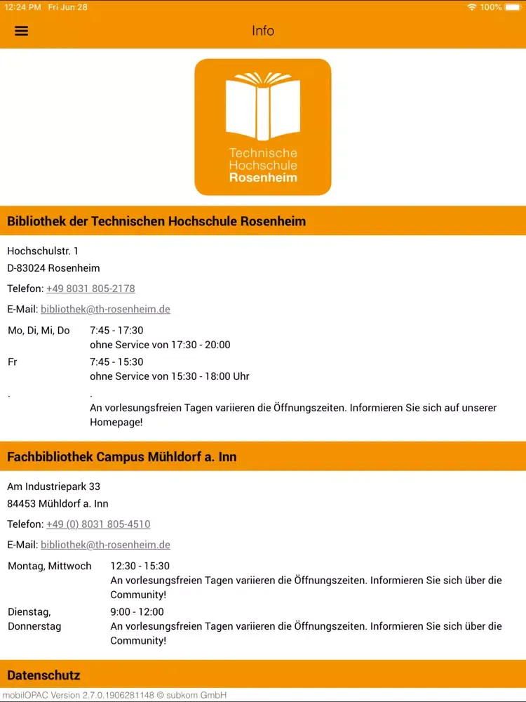 TH Rosenheim Bibliothek iPad 应用截图