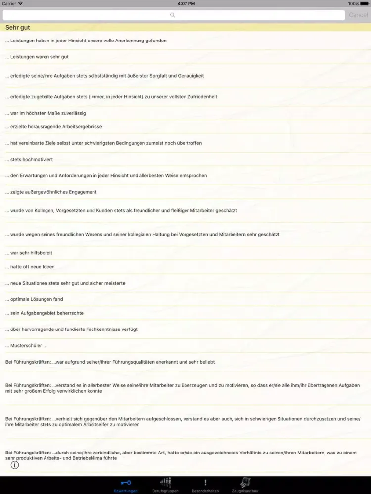 Screenshot di Arbeitszeugnis iPad 