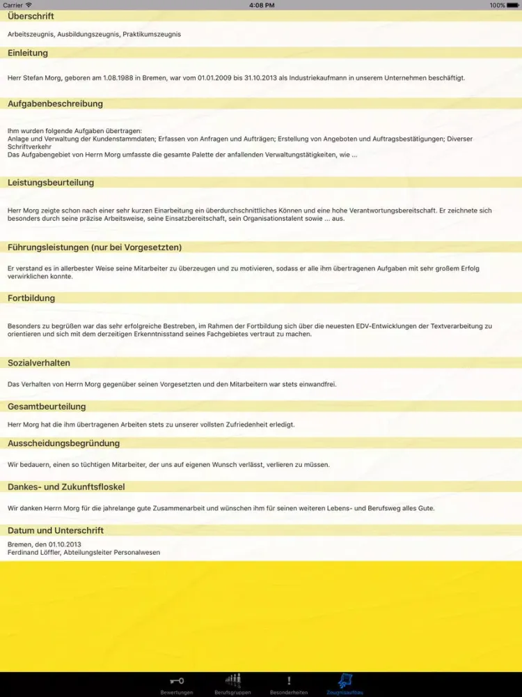 Screenshot di Arbeitszeugnis iPad 