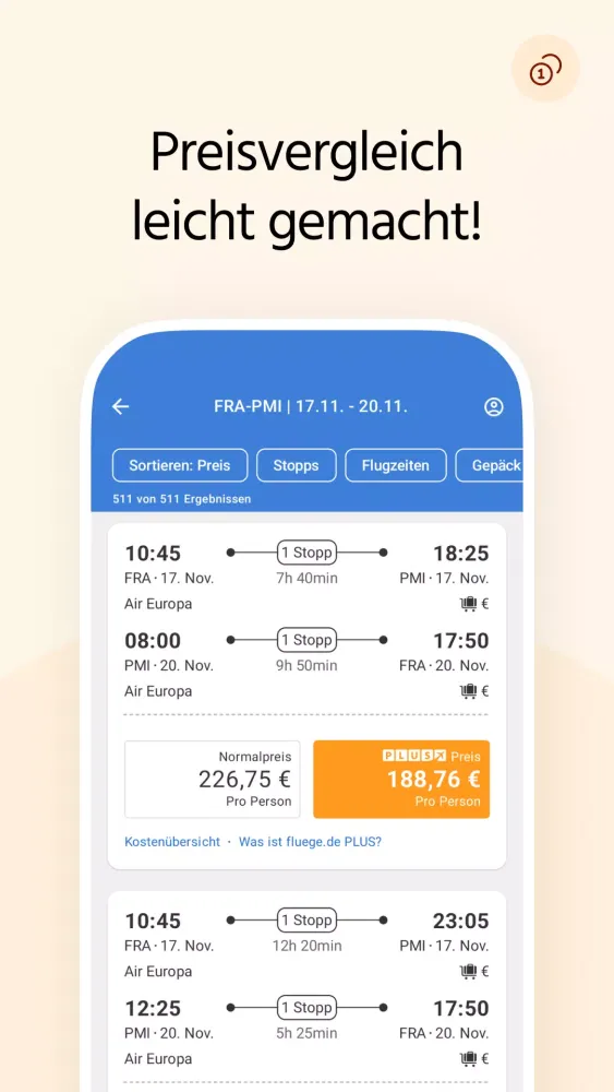 Screenshot di Fluege.de: günstige Flüge