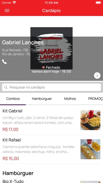 Capturas de tela do Gabriel Lanches