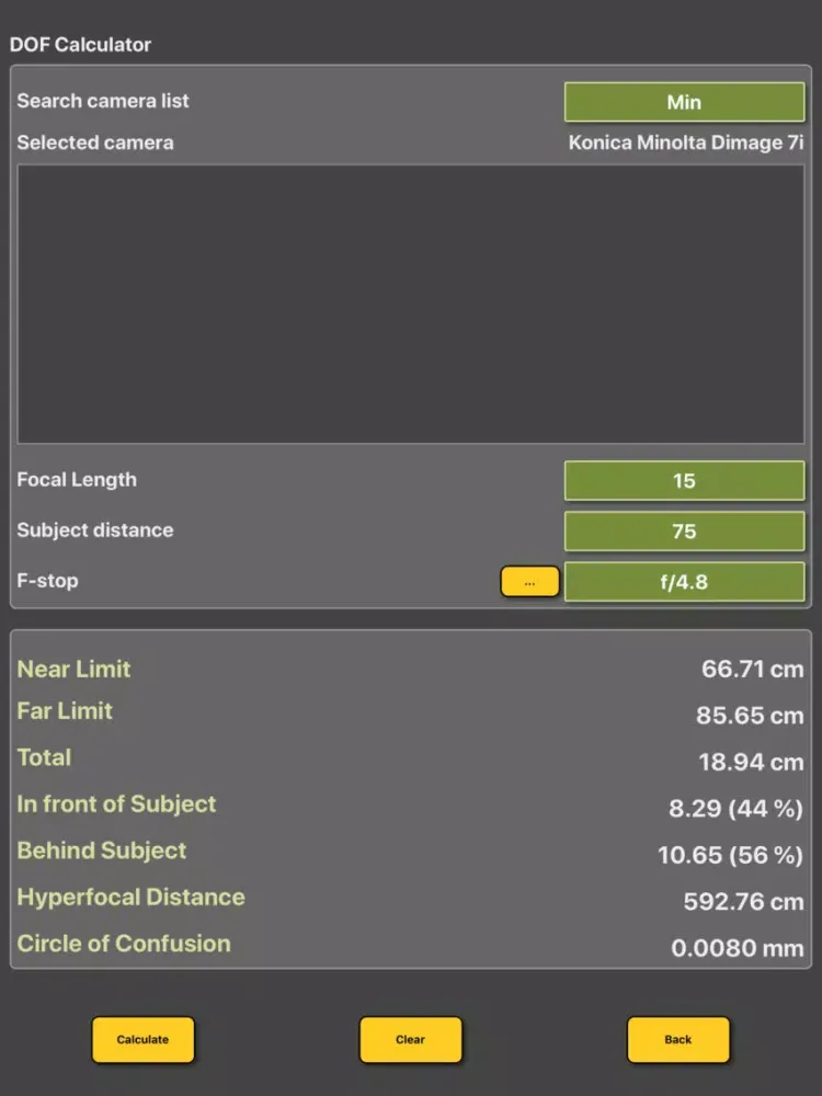 Скриншоты DOF Calculator for camera iPad 