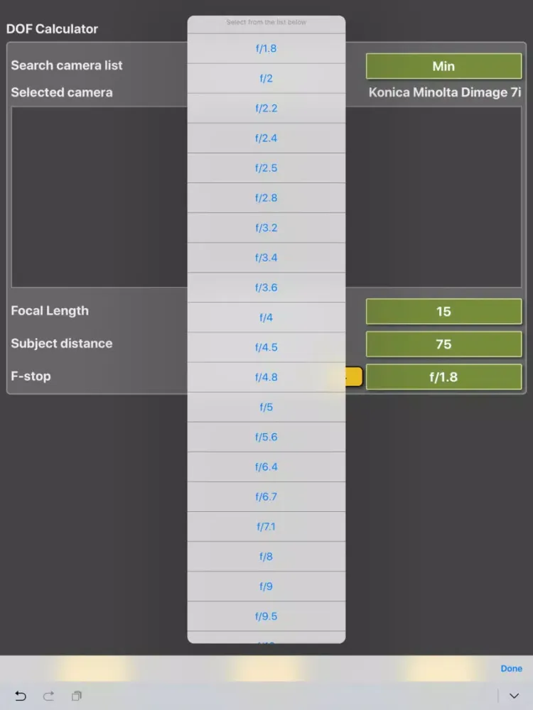 Скриншоты DOF Calculator for camera iPad 