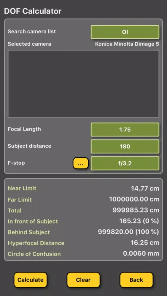 Скриншоты DOF Calculator for camera
