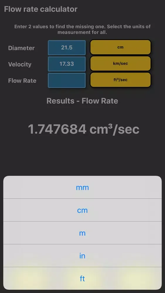 Captures d'écran de Flow rate diameter velocity