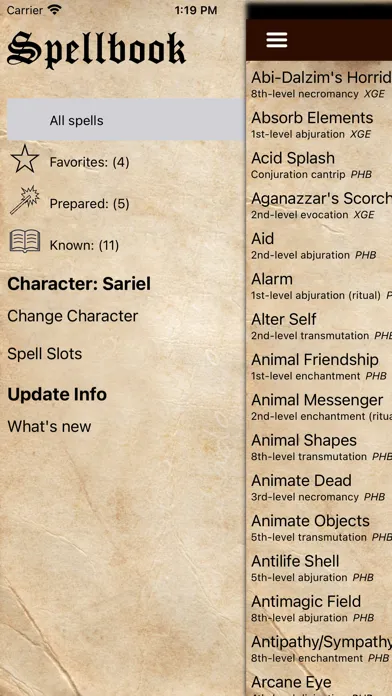 ภาพหน้าจอของ D&D Spellbook 5e