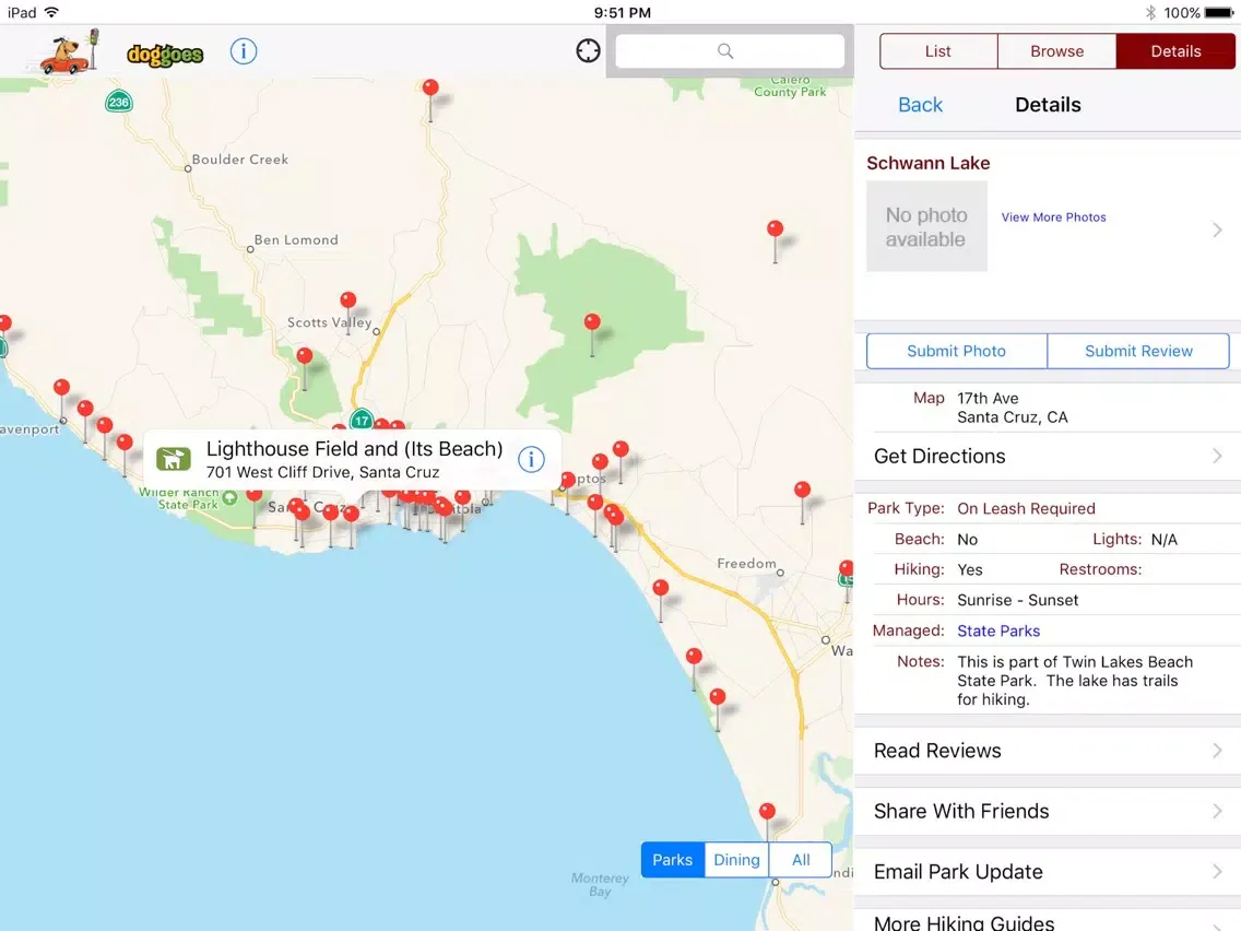 Tangkapan layar Dog Park Finder Plus iPad 