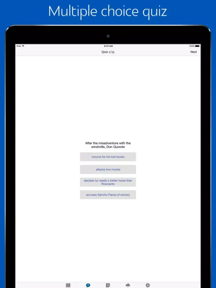 Ảnh chụp màn hình của Don quixote - sync transcript, quiz iPad 