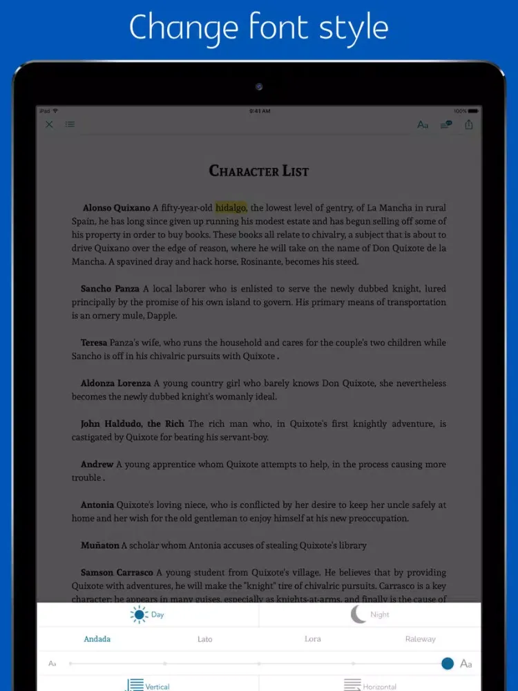 Ảnh chụp màn hình của Don quixote - sync transcript, quiz iPad 
