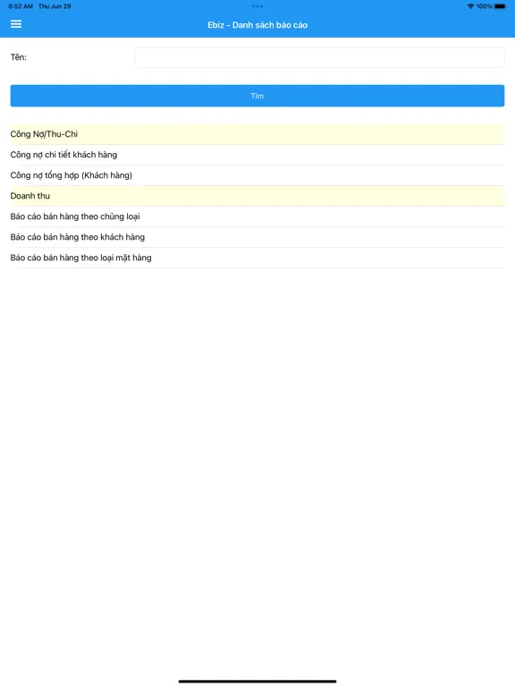 Capturas de tela do eBiz Online Report iPad 