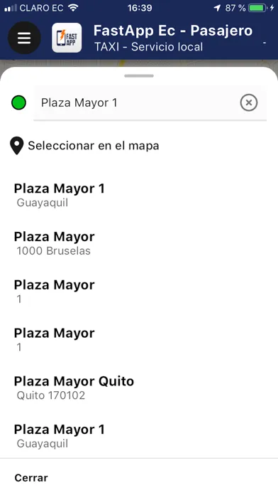 Tangkapan layar FastApp Ec - Pasajero