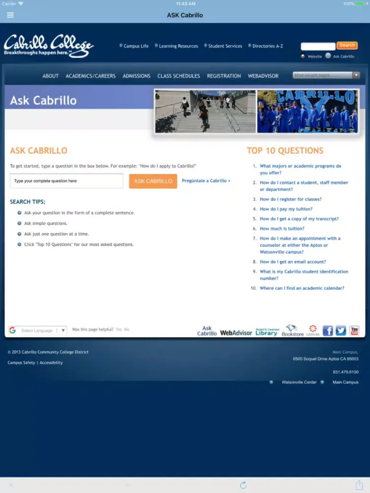 Tangkapan skrin Cabrillo College Mobile iPad 