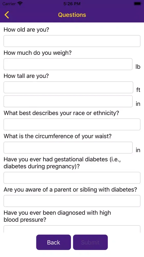 Tangkapan skrin Diabetes Risk Assessment