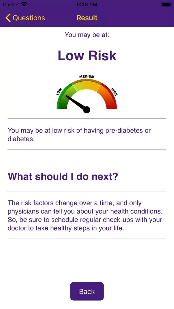 Tangkapan skrin Diabetes Risk Assessment