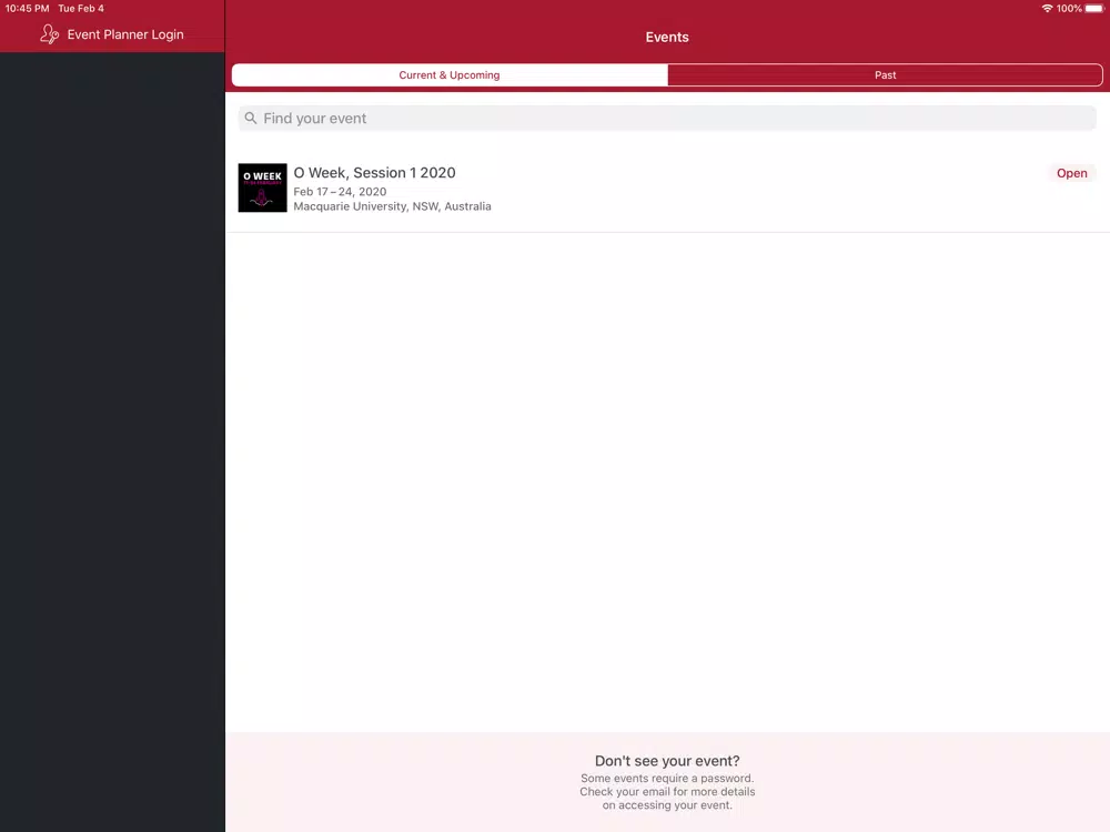 Tangkapan skrin Macquarie University Events iPad 