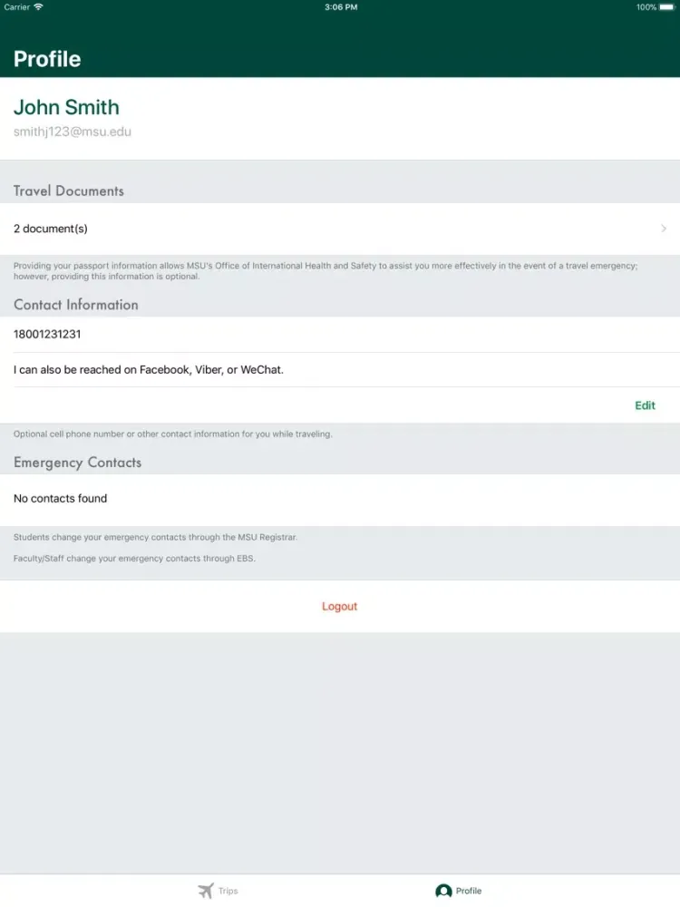 MSU Global Travel Registry iPad  Screenshots
