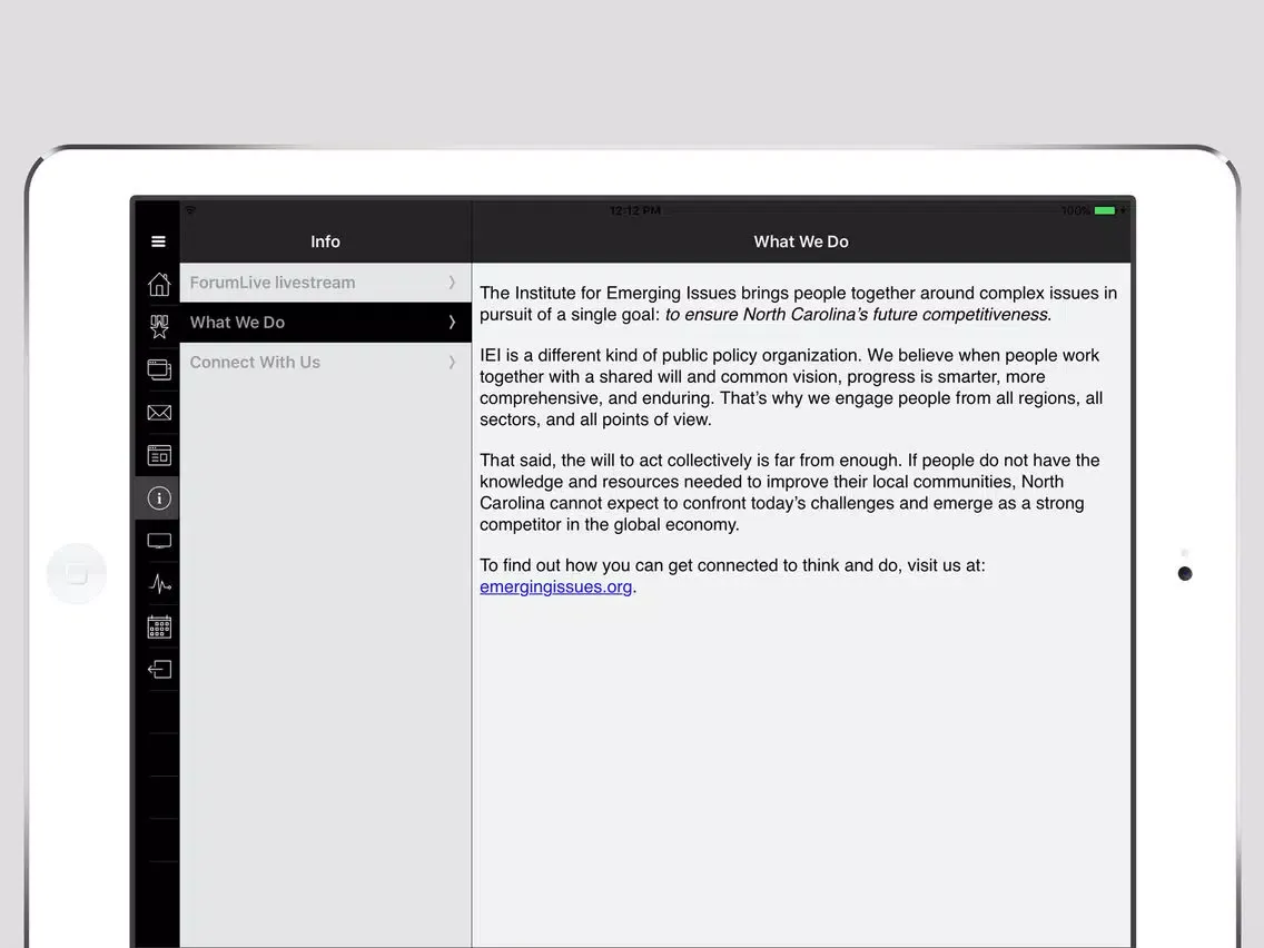 Capturas de pantalla de Institute for Emerging Issues iPad 