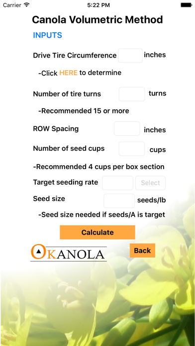 Tangkapan skrin Grain Drill Calibration Calculator