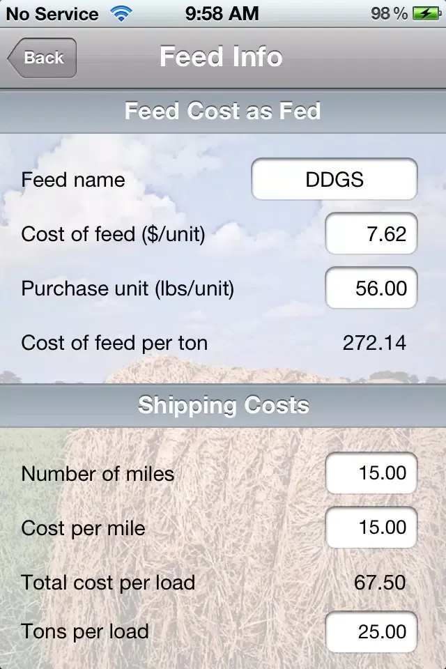 ภาพหน้าจอของ Feed Cost Calculator