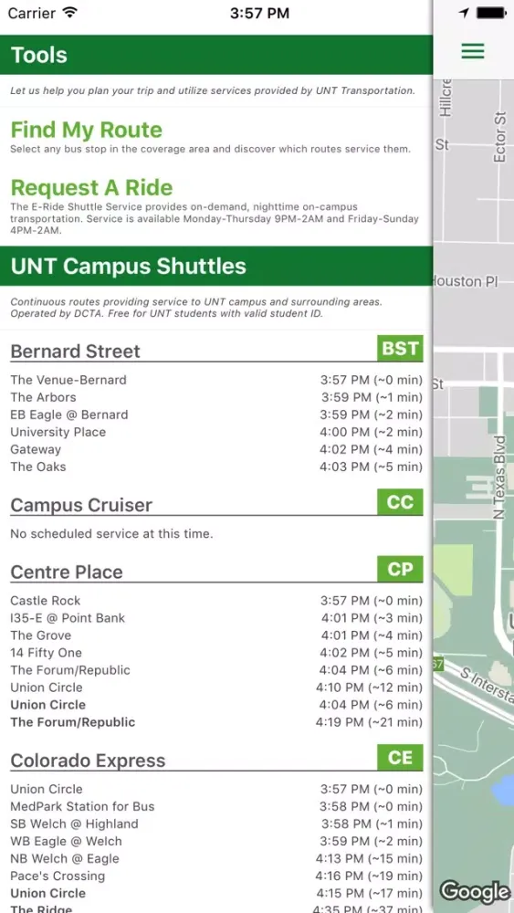 UNT Transit Screenshots