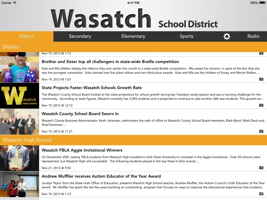 Capturas de pantalla de Wasatch School District News iPad 