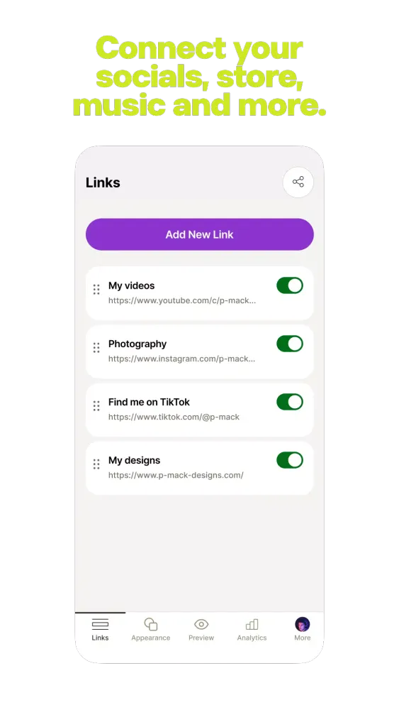 Capturas de tela do Linktree