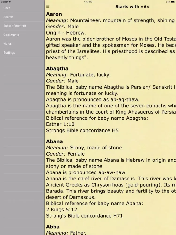 Biblical Names with Meaning and Context from Bible iPad  Screenshots
